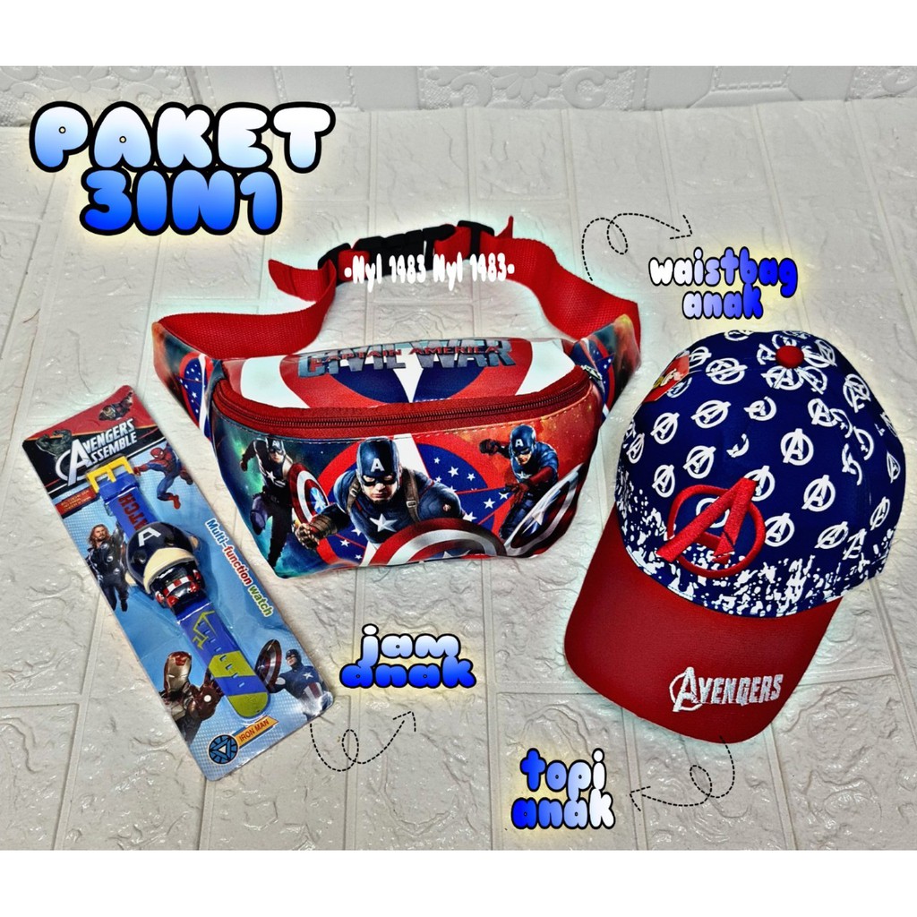 waistbag anak laki laki karakter,3 in1 Waistbag anak/topi anak/jam anak motif captain amerika