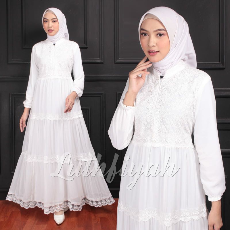 Dress Gamis LC Pesta Ceruti Brukat Putih Motif Rempel Baju Muslim Wanita Cantik Terbaru Luthfiyah