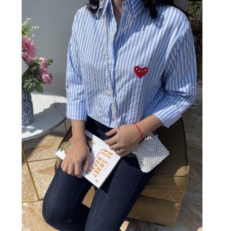 KEMEJA STRIPE LOVE CDG SALUR PREMIUM / KEMEJA WANITA KOREA / KEMEJA WANITA KEKINIAN 2114
