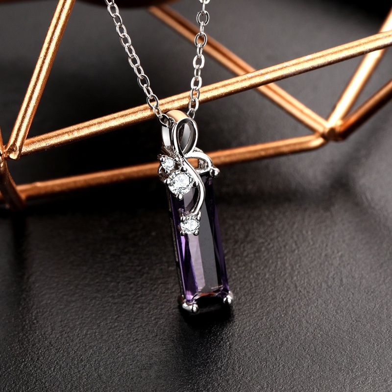 [Ready Stock]Fashion Plated S925 Sterling Silver Rectangle Amethyst Diamond-Studded Necklace