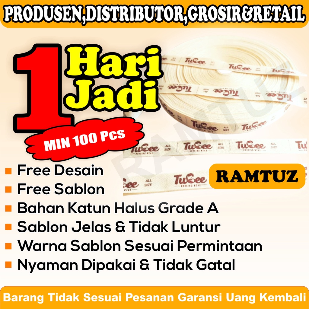 

LABEL BAJU / LABEL HIJAB / LABEL KAOS / LABEL CUSTOM DESAIN / LABEL PITA KATUN MIN 100PCS