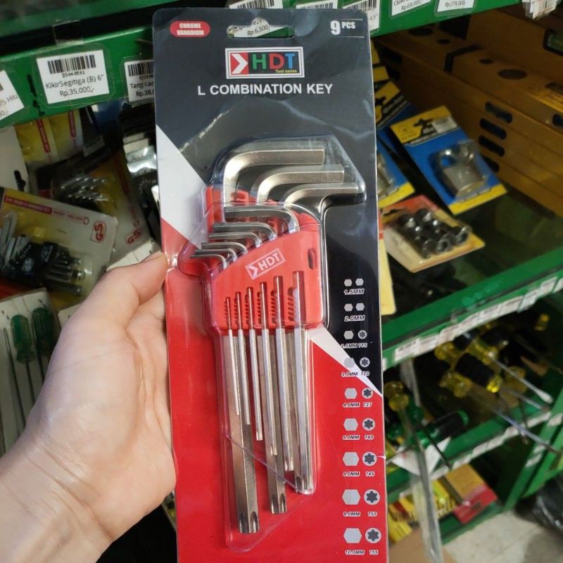 kunci L panjang bintang lubang set 9pcs HDT dari ukuran 1,5, 2,0mm/T10, 2.5mm/T15, 3mm /T20, 4mm/T40