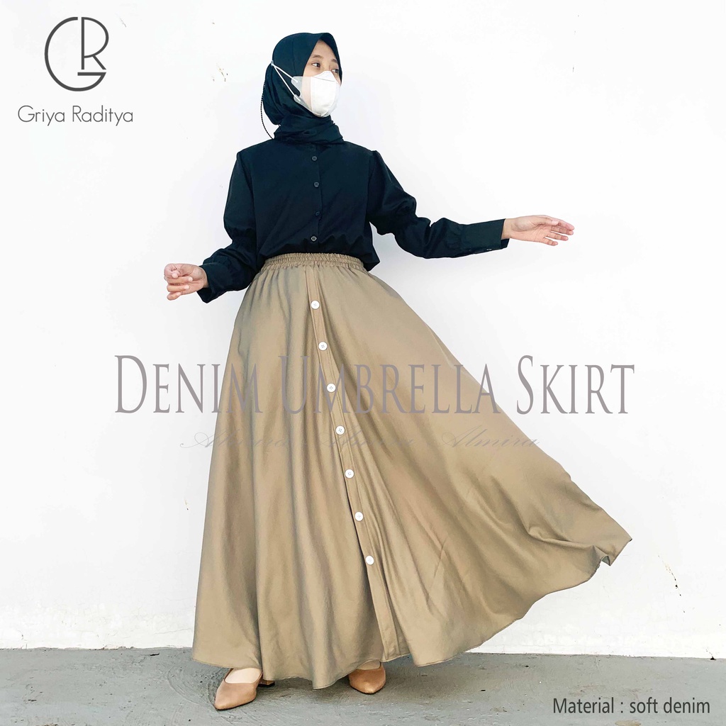 Rok Panjang Wanita Payung Muslimah Jeans Button Umbrella Skirt Chambray Soft Denim Griyaraditya