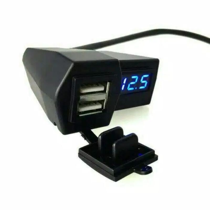 Volt Meter ACCU Aki + Charger Dual USB Model Jepit Stang Universal Semua Motor