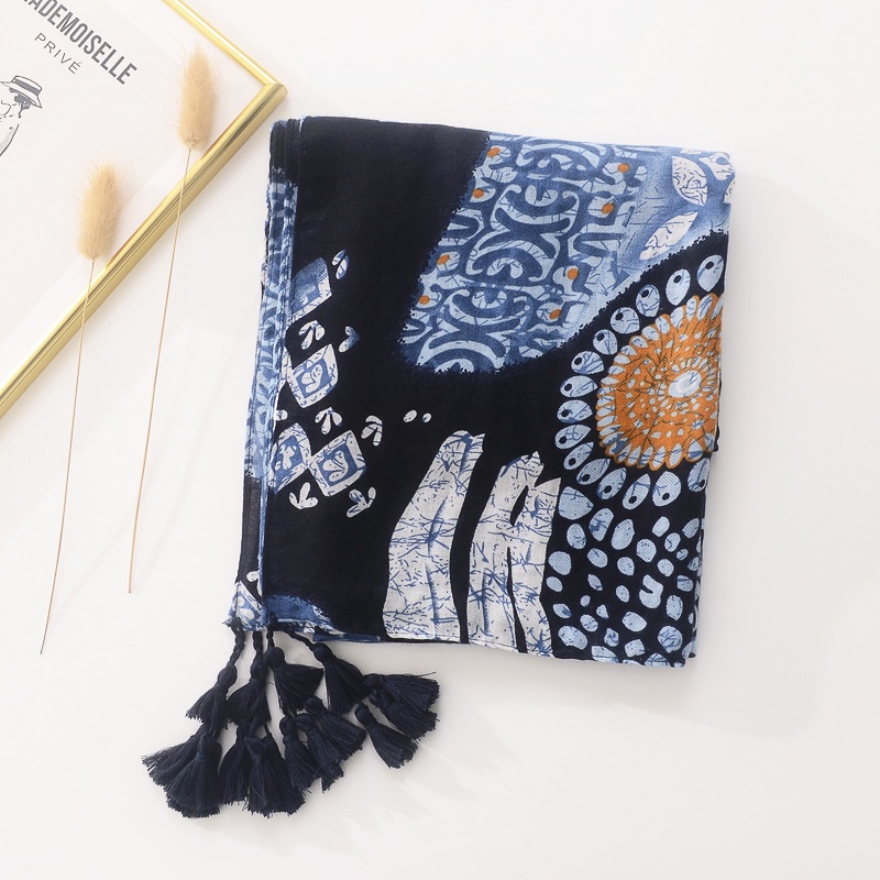 ITSFRIDAY ALEETA Scarf - Premium Pashmina Shawl Selendang Syal Pasmina Hijab Import Motif Etnik Clasic Sky Blue Navy Tassel