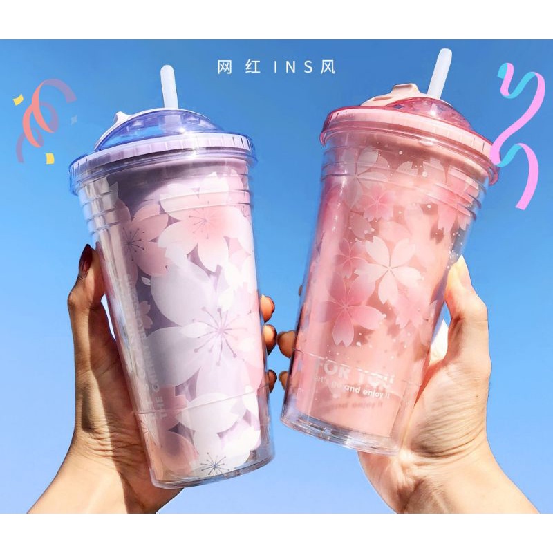 tumbler sakura 450ML /botol minum bunga sedotan