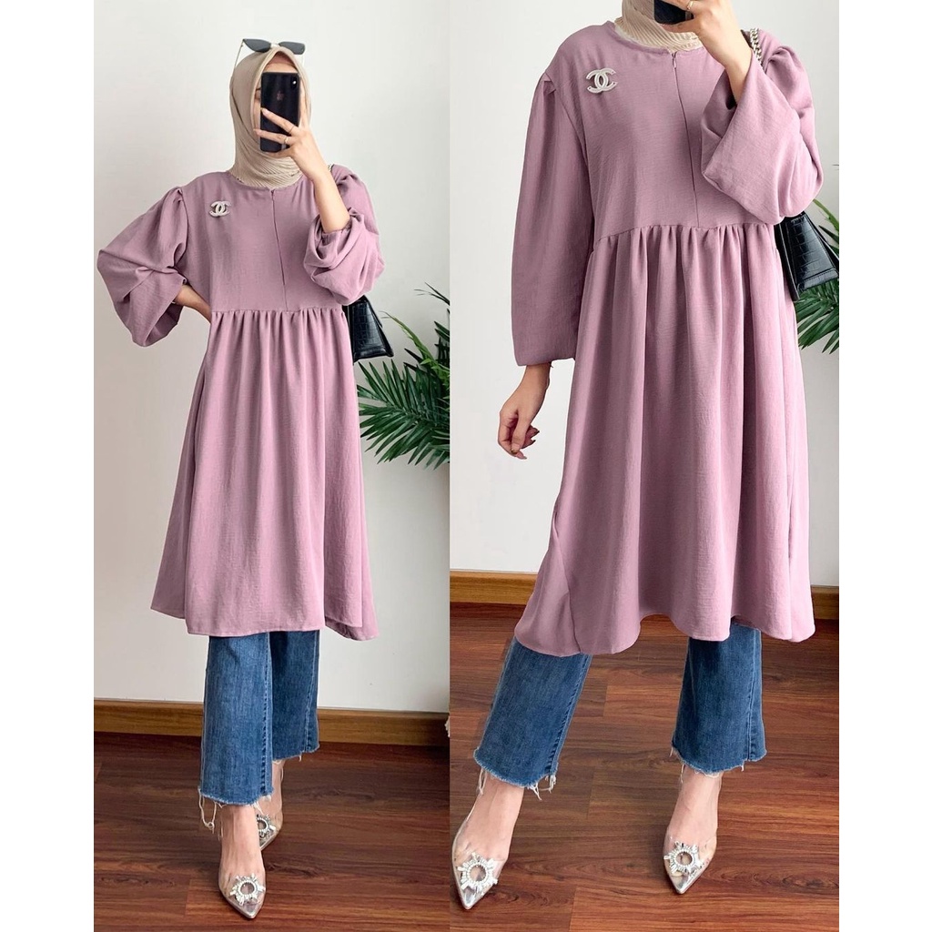 MONOCHROM MAHIKA TUNIK MIDI DRESS AIRFLOW CRINCKLE RAYON PREMIUM HIGH QUALITY BUSUI WANITA KOREA