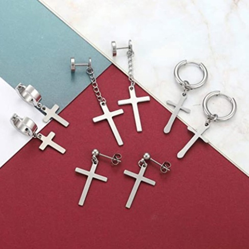 SIY  10  Pairs Stainless Steel Cross Earrings Studs Hinged Dangle Cross Hoop Earrings