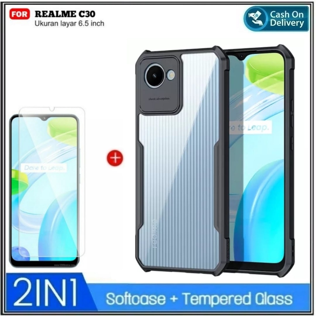PAKET 2IN1 Case Realme C30 Hard Soft Fusion Armor Shockprooft TPU HD Trasnparan Acrylic Casing HP Cover Free Tempered Glass DI ROMAN ACC