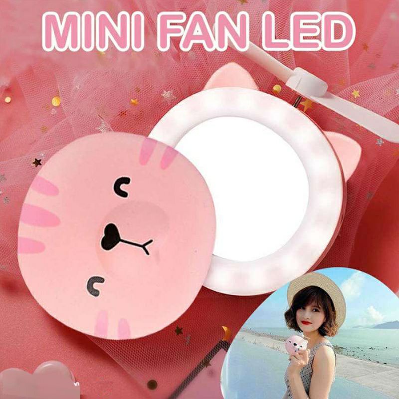 Kipas angin cermin rias pribadi lampu LED portable make up mini 3in1 karakter mini fan mirror