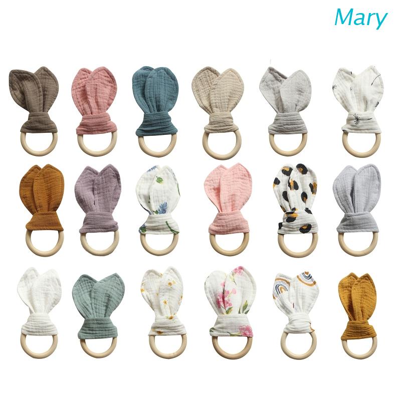 Mary Mainan Rattle Teether Bentuk Telinga Kelinci Bahan Katun + Kayu Untuk Bayi