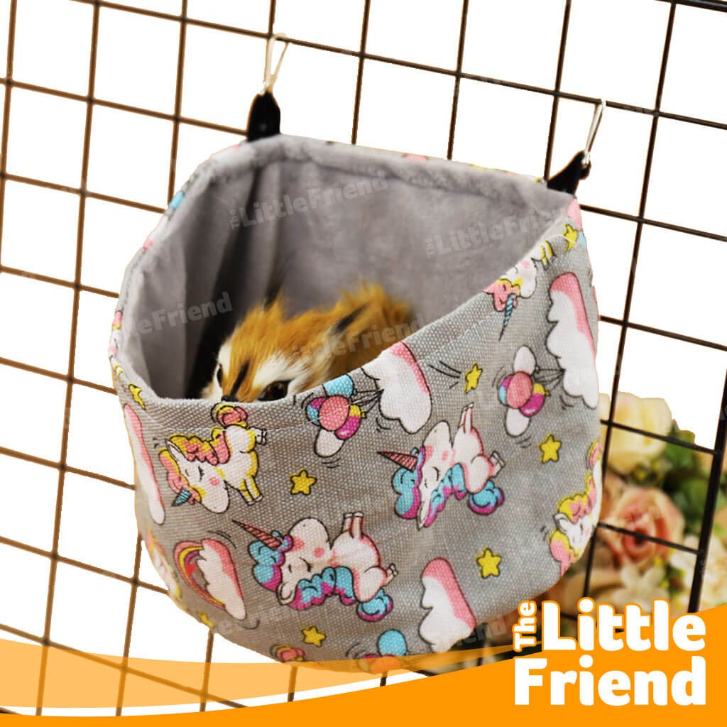 Sleeping Pouch Model Kantong Gantung untuk Sugar Glider Hamster Kanvas Motif Unicorn