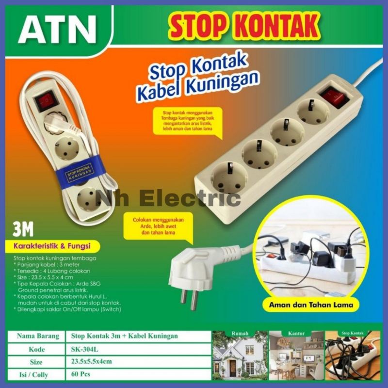 STOP KONTAK + KABEL 2,3,4,5 LUBANG 1.5/3/5 METER ATN SNI