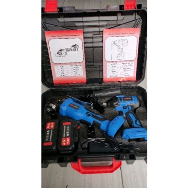 HUJIA paket 2in1 cordless gerinda pembuka baut impact wrench HUJIA 2521+2221