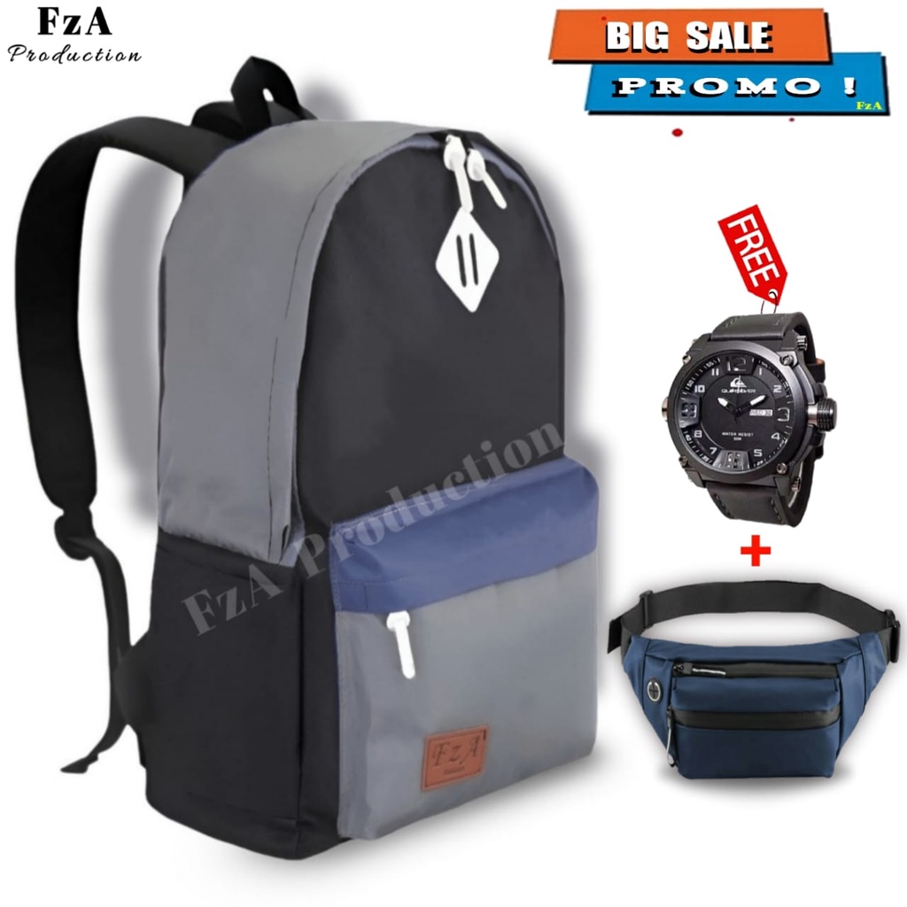 Tas Ransel Gendong Laptop Distro Sekolah Kuliah Pria Wanita Black Murah Original GRATIS Jam Tangan Dan Slempang