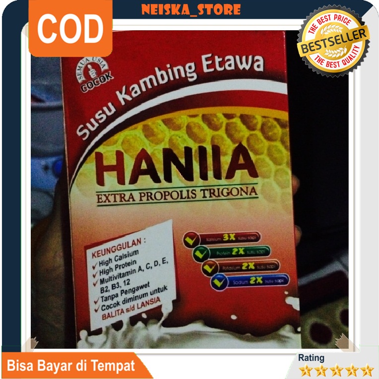 

Susu Kambing Etawa Extra Propolis Trigona HANIIA Rasa Vanila Susu Etawa Murni Banyak Manfaat Netto 200 gram