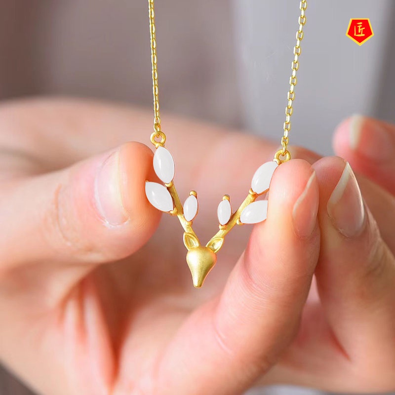 [Ready Stock]Deer Necklace Pendant Hetian White Jade Chalcedony Necklace