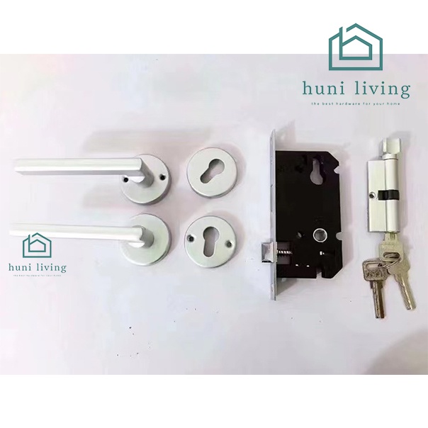 Kunci Pintu Full Handle Set Gagang Pintu Lurus Putih Silver Premium