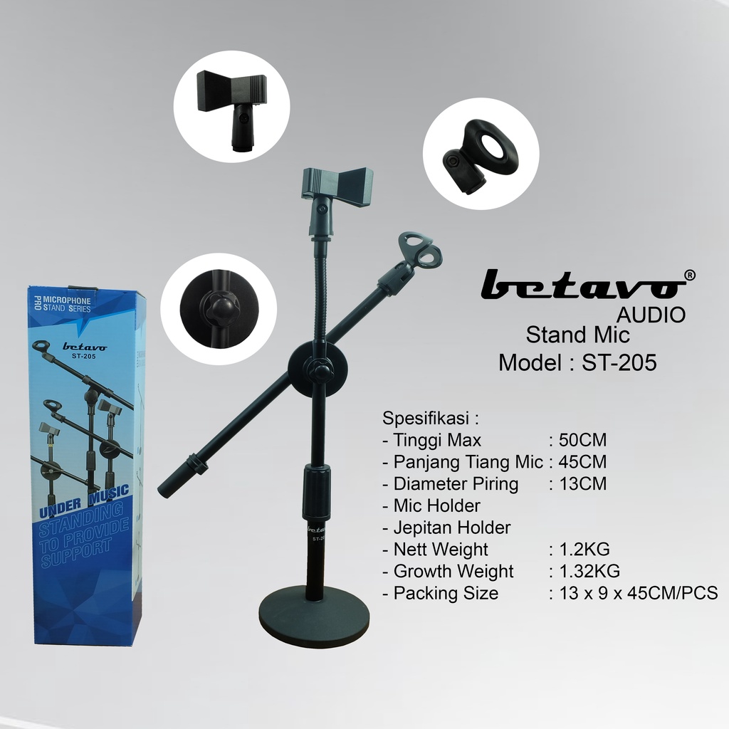 Professional Stand Microphone Meja ST 205 | Piringan Besi | 2 Tiang | Mic Holder & Jepit