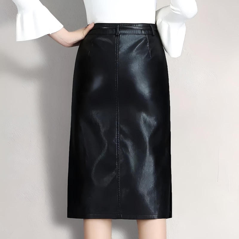 Rok Wanita PU Leather Bodycon High Waist Rok Streetwear Pensil Hitam Knee-lenght - Tailor Labs