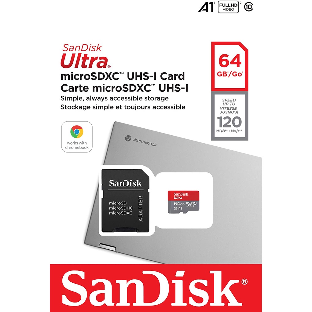 Memory Card 64 GB Chromebook  Sandisk Ultra Micro SDXC 120Mbps Class 10 UHS-I A1