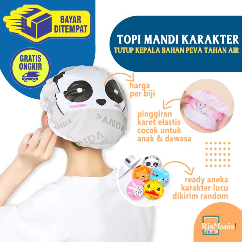 CUTE SHOWER CAP - Topi Mandi Bahan Peva Tutup Kepala Keramas Waterproof Tahan Air Karakter Kartun