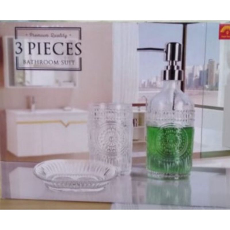 Bathroom suit Glass set 3 pcs(tempat sabun cair .pasta gigi,dan sikat gigi)