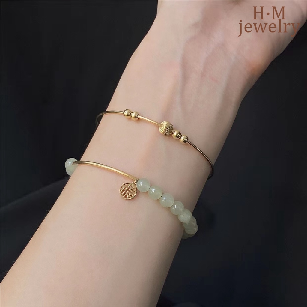 Fu Gelang Tangan Manik-Manik Batu Jade Hetian Bulat Untuk Wanita