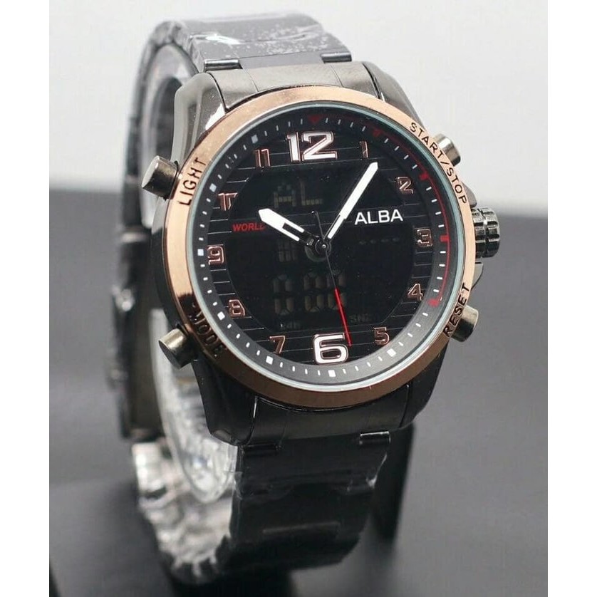 Jam Tangan Pria / Cowok Alba Dual Time SK801 Rantai Black Rosegold