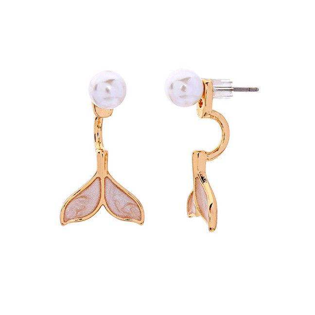 LRC Anting Tusuk Fashion Drip Fish Tail White Gold Crystal Diamond Drop Pearl Earrings F91429