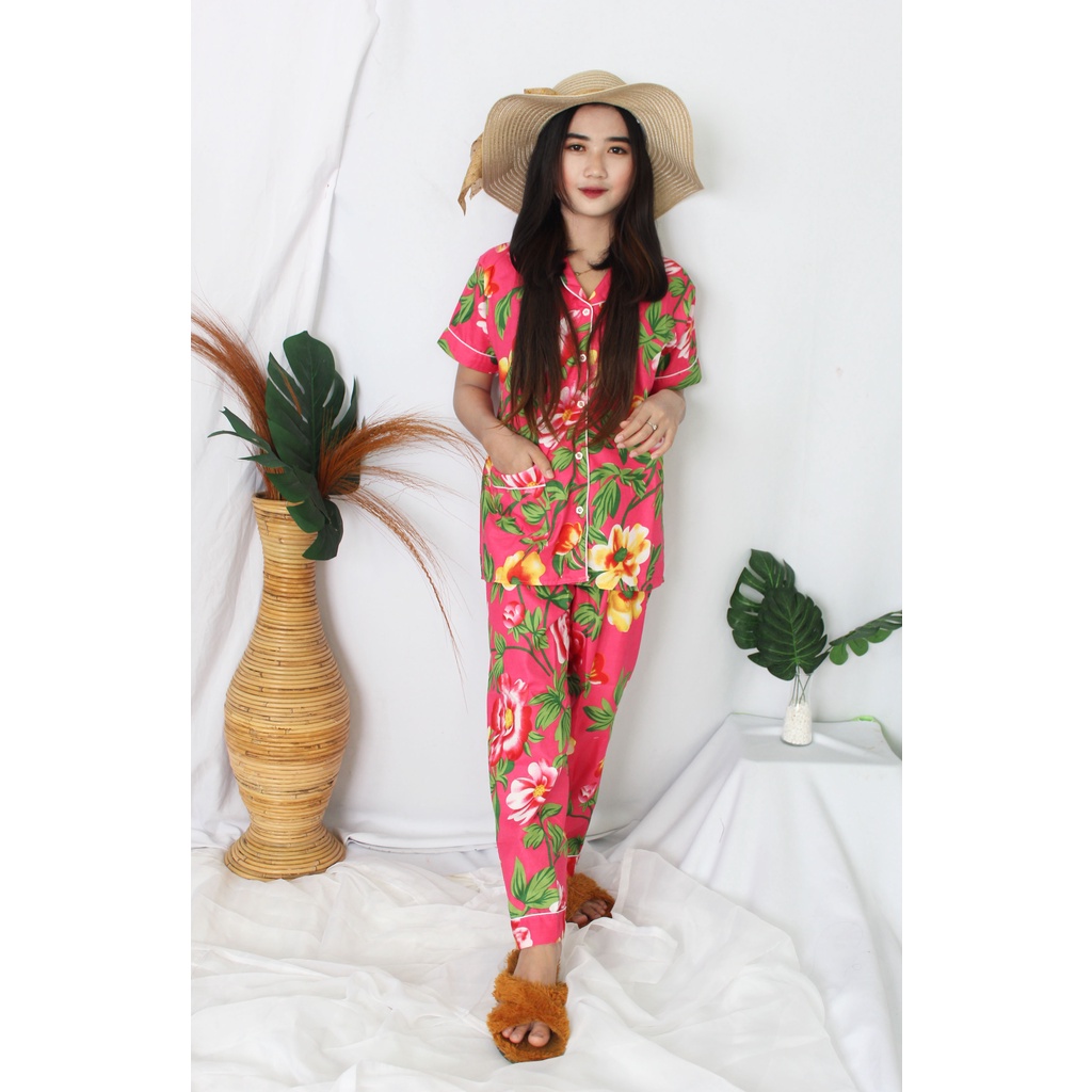 OKHISHOP - CP1 Piyama Pajamas CP Baju Tidur Piyama Wanita Dewasa Setelan CP Motif Trendy Karakter Kotak Guilen-CP Flower Pink