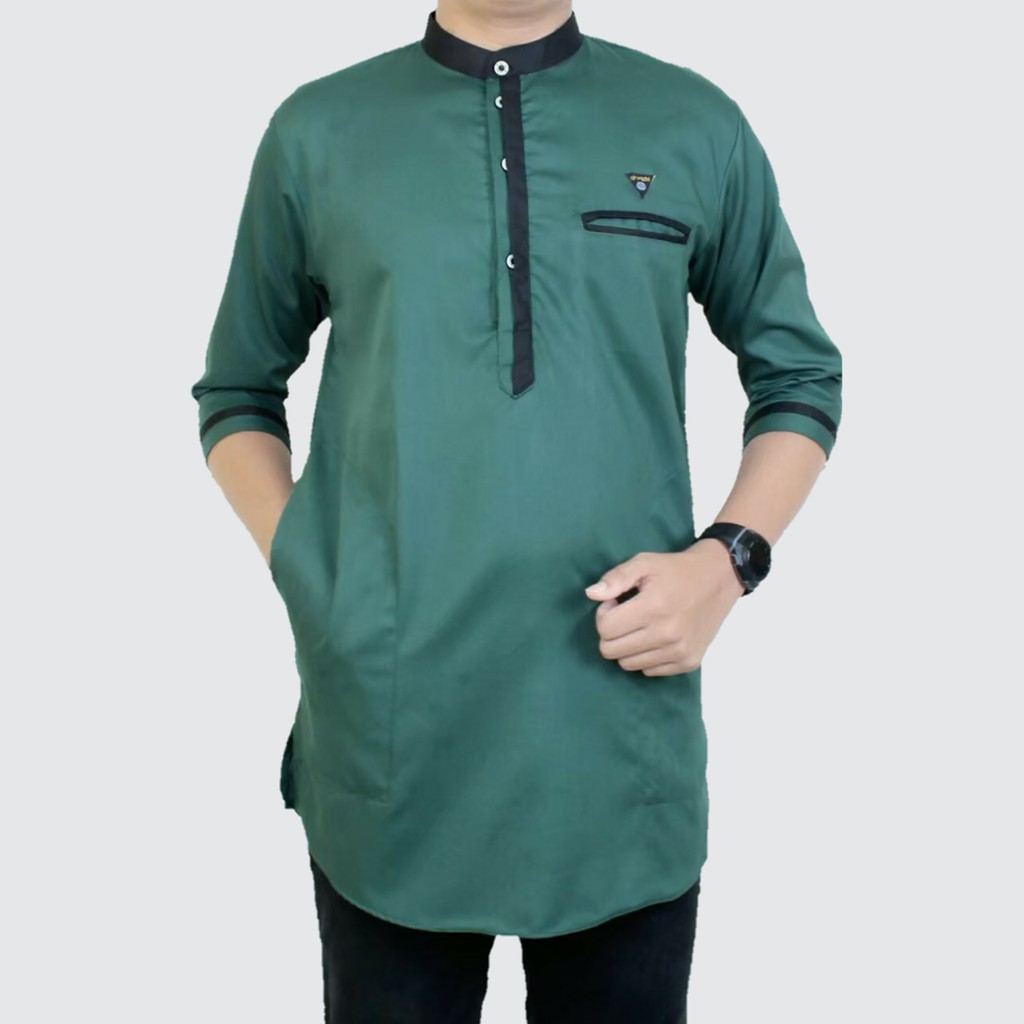 Koko Ikhwan Dewasa Kurta Ayah Pakistan Premium Bahan Toyobo Warna Hijau Botol List Hitam Lengan 3/4