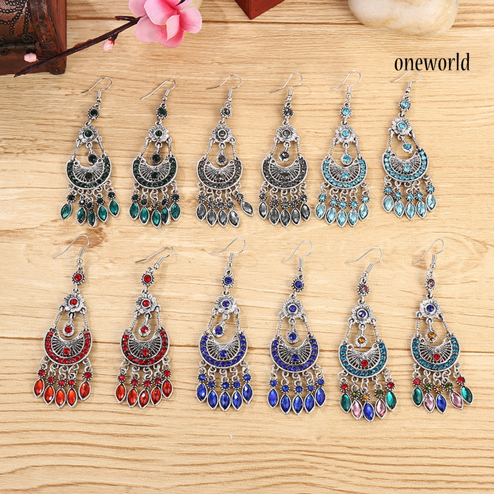 OW# Bohemian Women Rhinestone Crescent Moon Long Fringe Hook Earrings Jewelry Gift