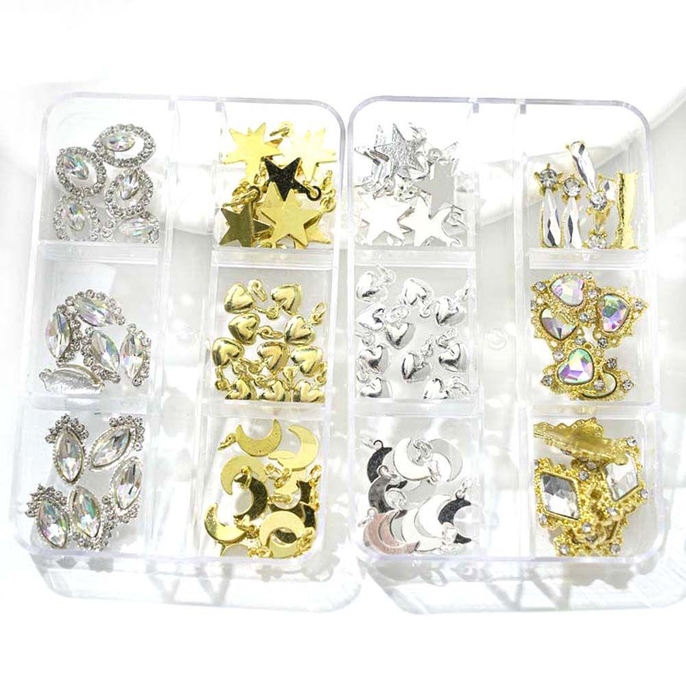 AUGUSTINA Agustina Nail Art Rhinestones Wanita Warna Emas Perak Cinta Hati Manikur Aksesoris Bor Kuku 3D Perhiasan Kuku