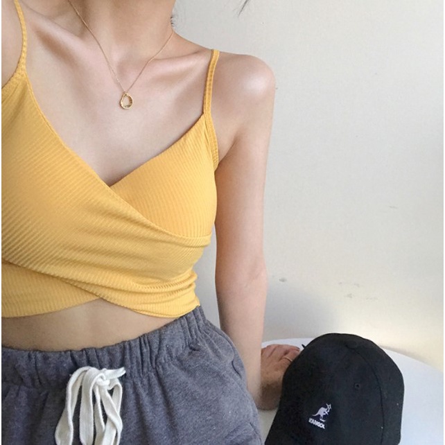 Tanktop 23 tank top cross twist pakaian crop top dalaman wanita korea v neck atasan cewek-Kuning