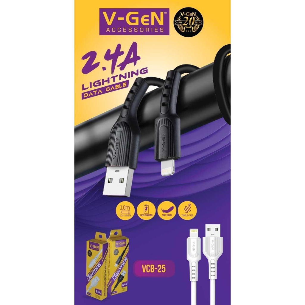 Kabel Data USB Lightning V-GeN VCB-25 VCB-26 iPhone Fast Charging 2.4A Bulat &amp; Gepeng