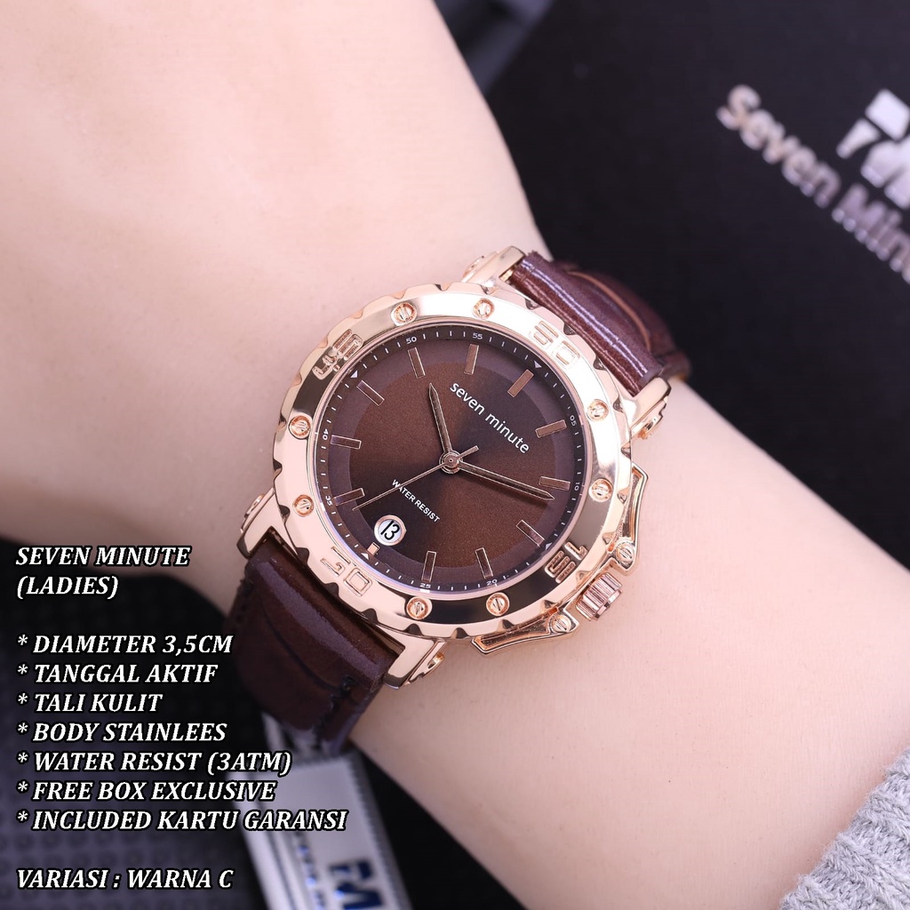 (FREE BOX) JAM TANGAN WANITASEVEN MINUTE FASHION TALI KULIT BODY BULAT TANGGAL AKTIF