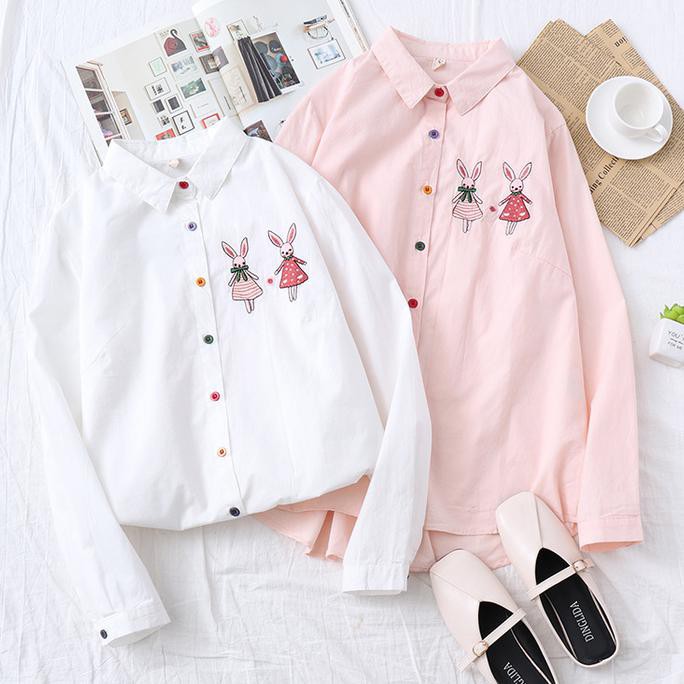 DISKON BAJU KEMEJA WANITA KULIAH PUTIH PINK BORDIR KATUN KOREA JEPANG KERJA - MERAH MUDA MURAH