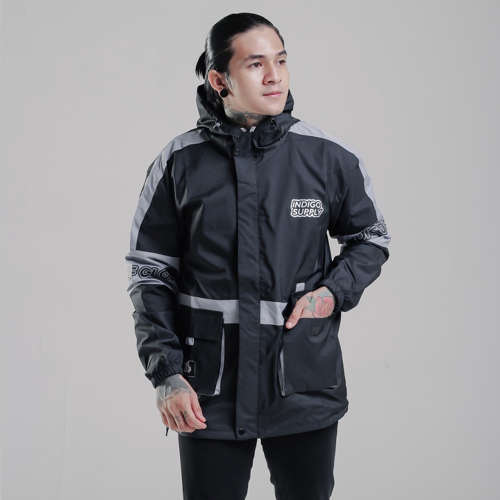 DOUBLE ONE - Jaket Parka Hoodie Parasut Pria / Jaket Parasut Pocket / Jaket Parka Waterproof / Jaket Anti Air / Jaket Taslan Hitam List Abu