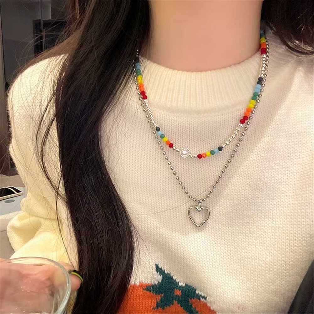 2pcs Kalung Rantai Klavikula Liontin Manik-Manik Hati Pelangi Gaya Korea Untuk Wanita