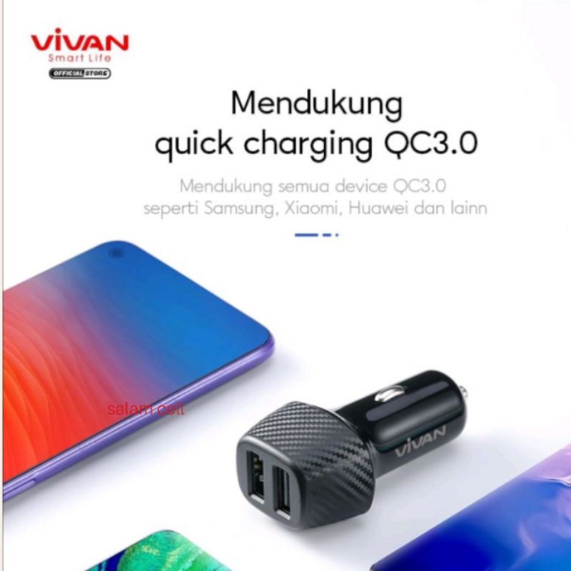 Charger Mobil Motor Car Charger VIVAN Casan Mobil 2 Ports USB-A 30W 3A QC3.0 Fast Charging Garansi 1 Tahun