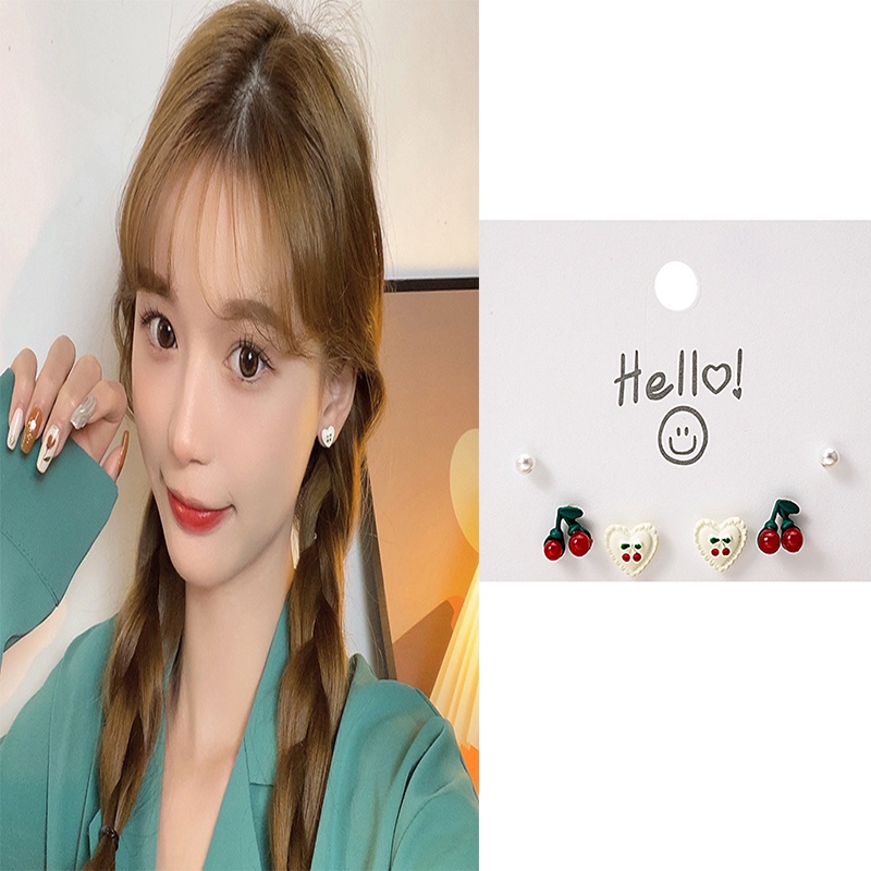 3 Pasang / Set Anting Stud S925 Silver Needle Bentuk Buah Cherry Aksen Mutiara Gaya Korea Untuk Wanita