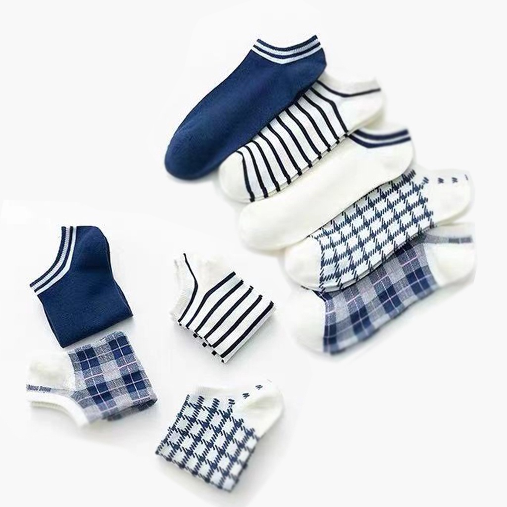 BRGUNIK Kaos Kaki Wanita Motif Kotak Biru Navy Fashion Korea Women Sock Import Murah KK003