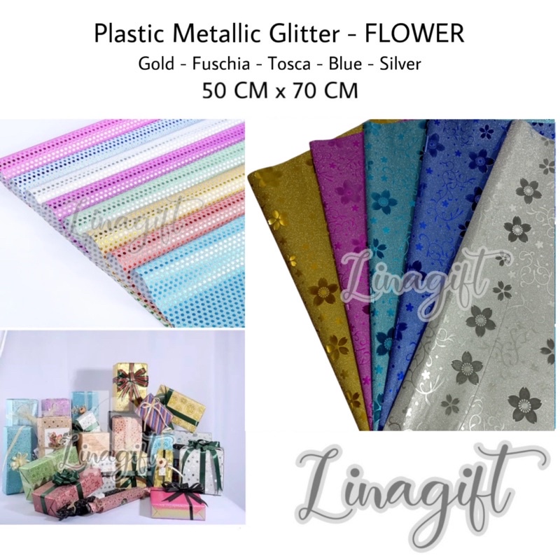 ( 3 Lembar ) PLASTIC METALLIC GLITTER - FLOWER - GIFT WRAPPING PLASTIK METALIK BUNGA ROSE STAR BINTANG TULIPS BUTTERFLY PUZZLE LEAVES DAUN HIASAN KADO NATAL ULANG TAHUN CLASSIC VINTAGE