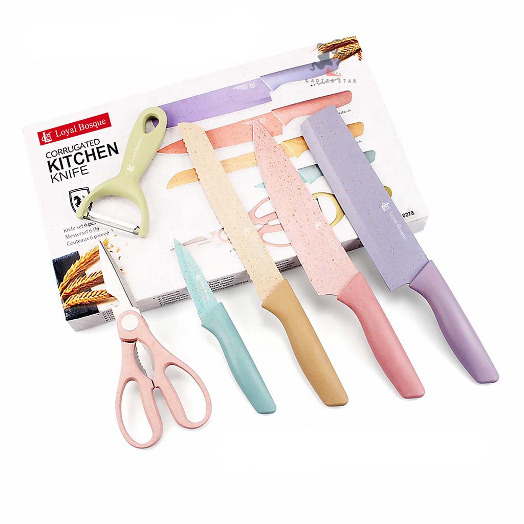 COD Set Pisau Dapur Warna Warni 6 Pcs in 1 Gunting Pisau Peeler Chef Knife-Pastel - J11