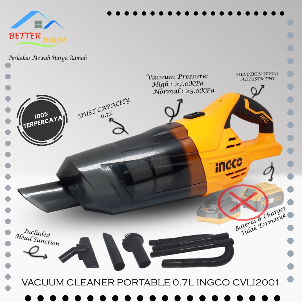 VACUUM CLEANER MINI CORDLESS 20V (0,7 LITER) INGCO CVLI2001 UNIT ONLY