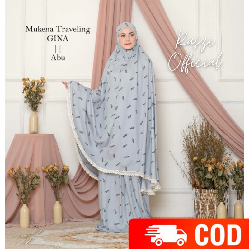 Raszi Official Mukena Dewasa Travel Rayon Premium Motif Printing Cemara List Renda Rajut Warna Abu