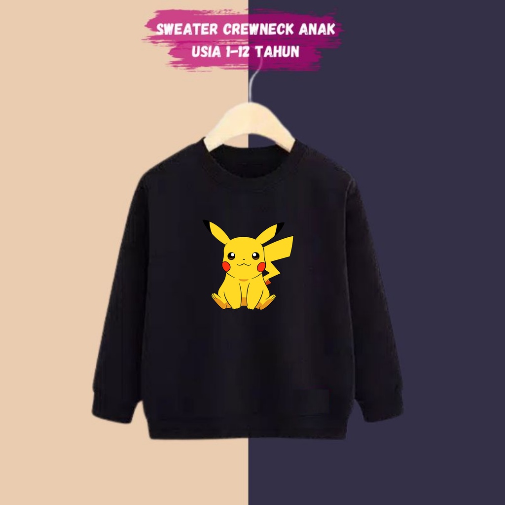 sweater crewneck anak laki laki dan perempuan motip pikachu usia 4-12 tahun