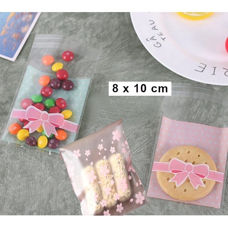 Kantong Plastik 8 x 10 cm Unik Lucu Motif Bunga Sakura & Pita Bungkus Biskuit Kue Cookies Permen ata