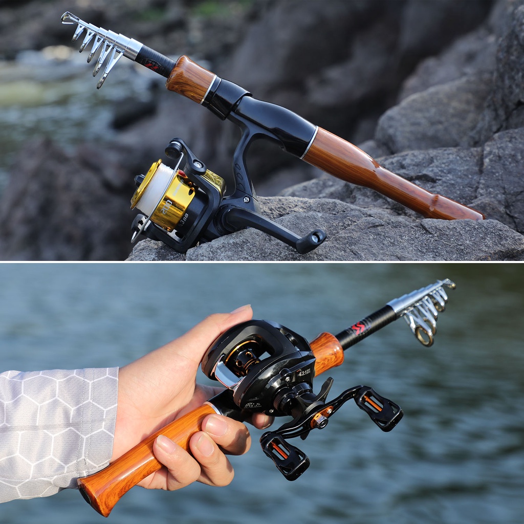 Joran Pancing Set Spinning/Casting Fishing Rod Fishing Reel Set Carbon Fiber Gagang Kayu Mini Telescopic Portable  untuk Air Tawar